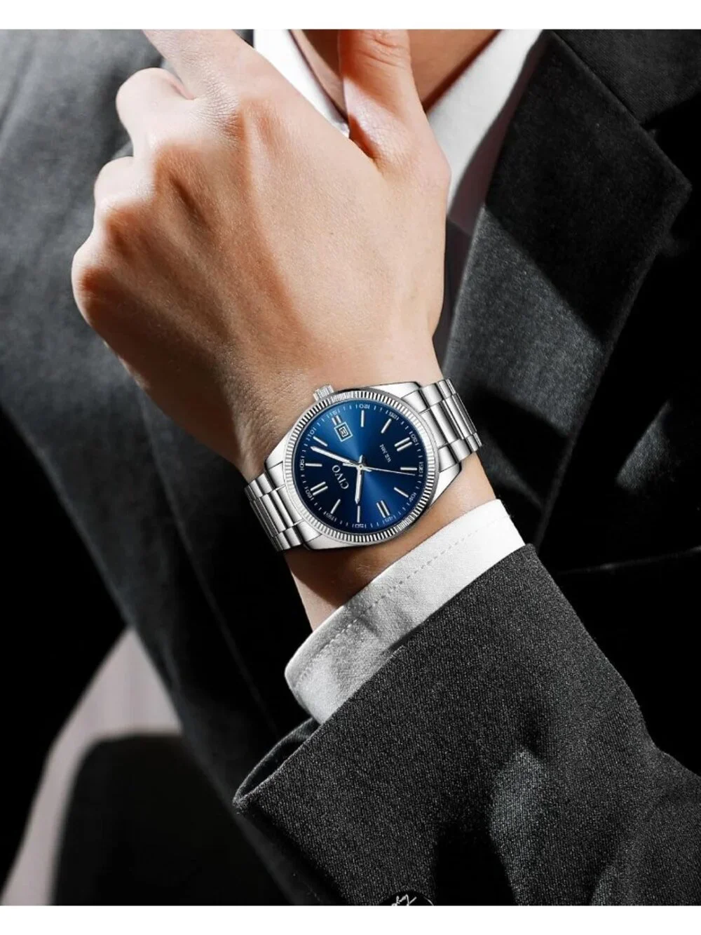 Mens Silver Blue Analog Quartz Skeleton Stainless Steel Round Casual Wrist Watch
